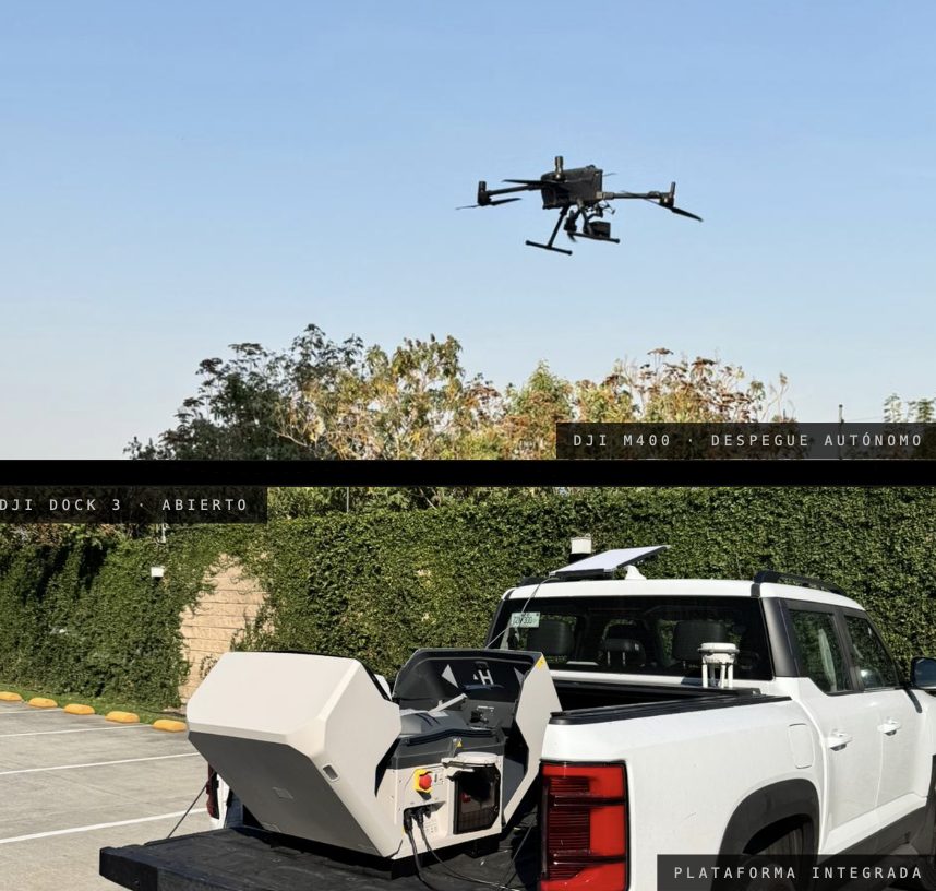 Unidad móvil de tron: dron M400 en despegue autónomo y dock integrado